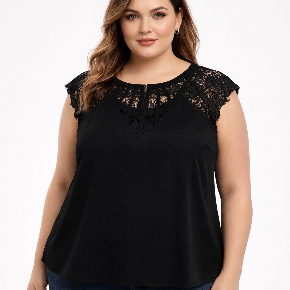41 Hawthorne Black Lace Yoke Blouse Size 1X | Elegant Sleeveless Top